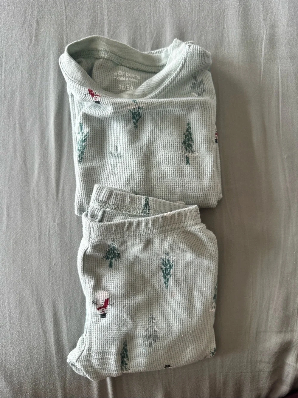 Carters waffle knit  Thermal Pajama Set in Light Green with Christmas Tree Print